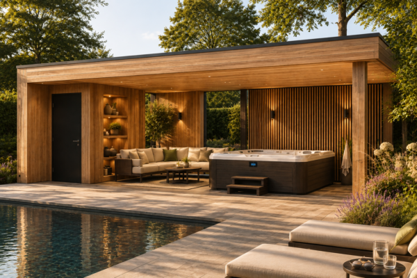 Modern houten poolhouse met whirlpool en zwembad