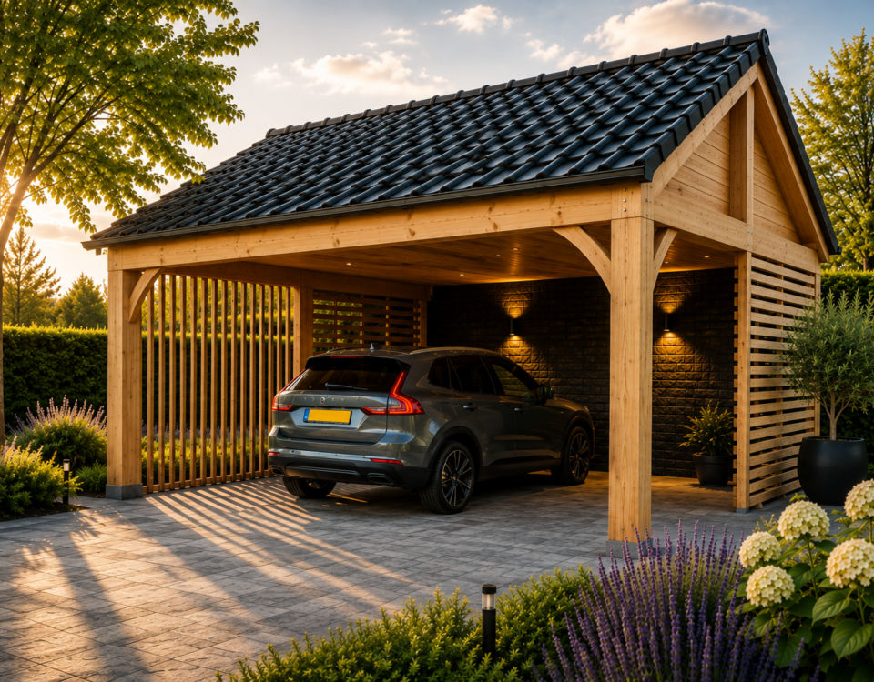 Luxe eikenhouten carport met pannendak, zwarte wanden, up-and-down verlichting en zen tuinarchitectuur bij zonsondergang