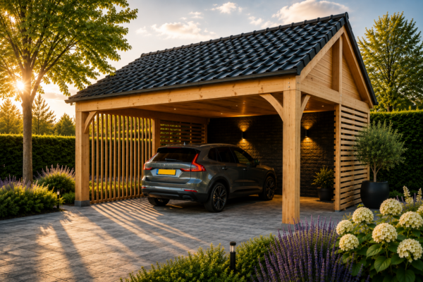 Luxe eikenhouten carport met pannendak, zwarte wanden, up-and-down verlichting en zen tuinarchitectuur bij zonsondergang