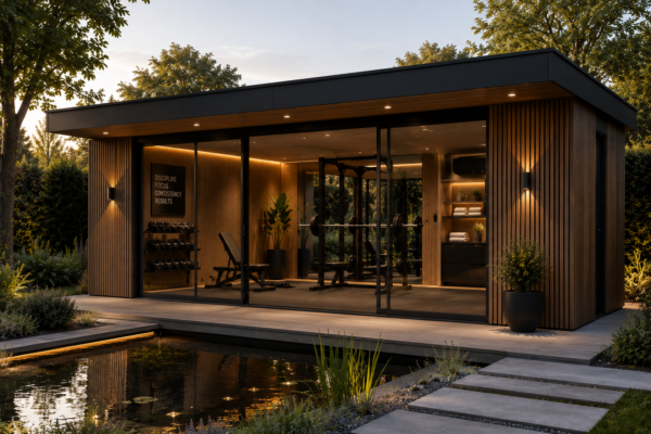 Moderne gym in de tuin van hout met glazen schuifwand aan een strakke vijver