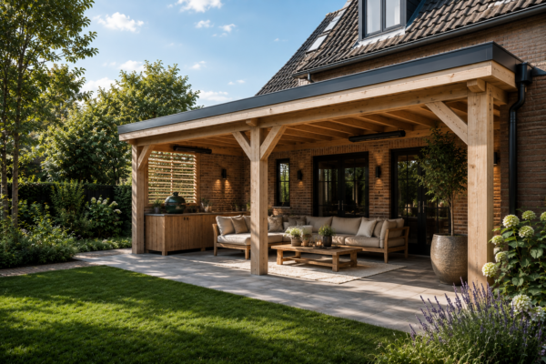 Moderne eikenhouten veranda aan een woning met een luxe loungeset, heaters en een groene tuin