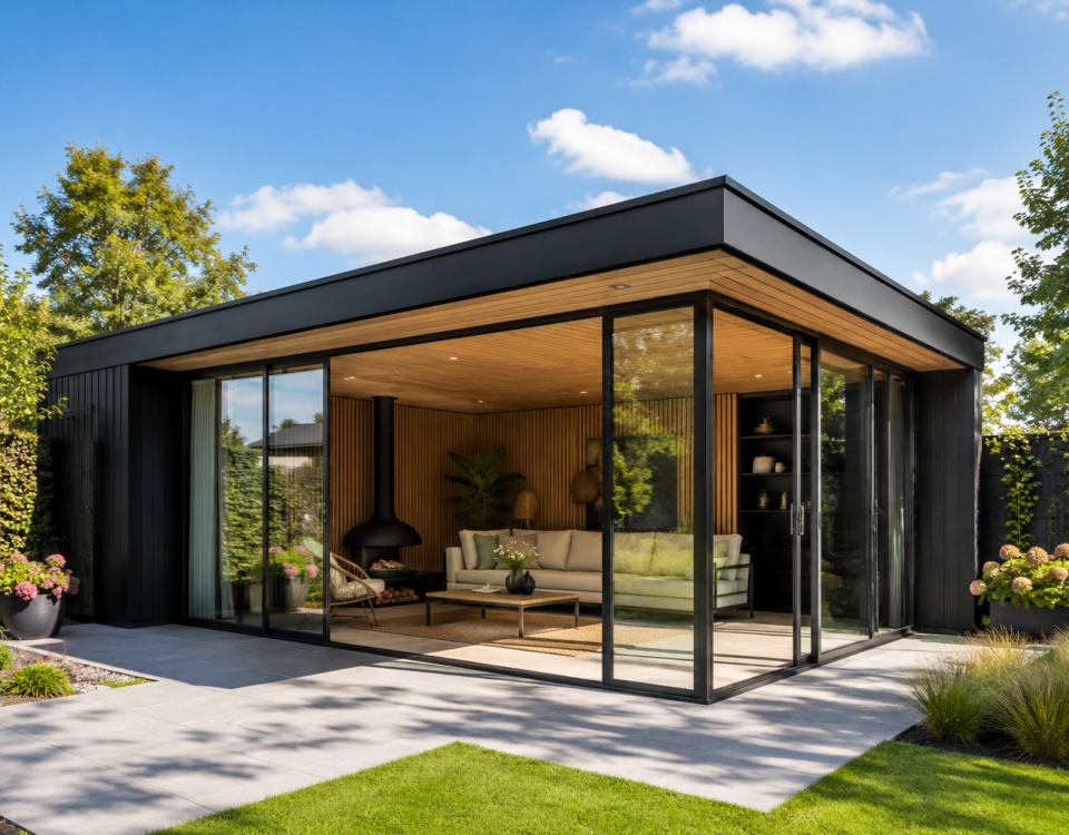 Modern zwart buitenverblijf met glazen schuifwanden, houten interieur en design zithoek in de tuin