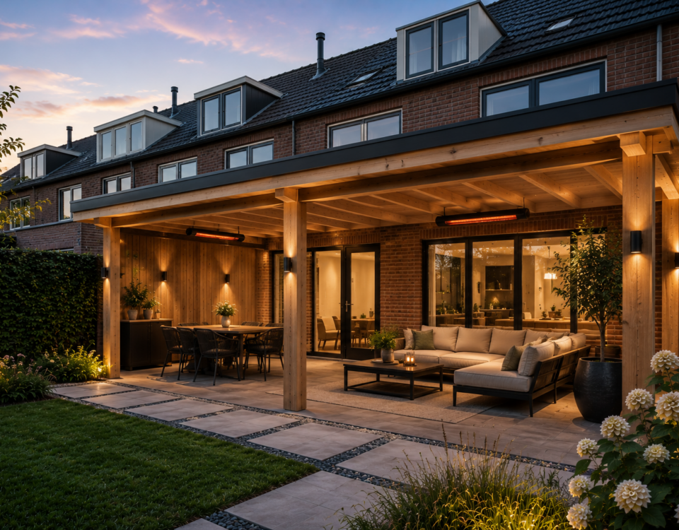 Nieuwe houten veranda aan een rijtjeshuis in de avond met luxe loungeset, terrasheaters en verlichting