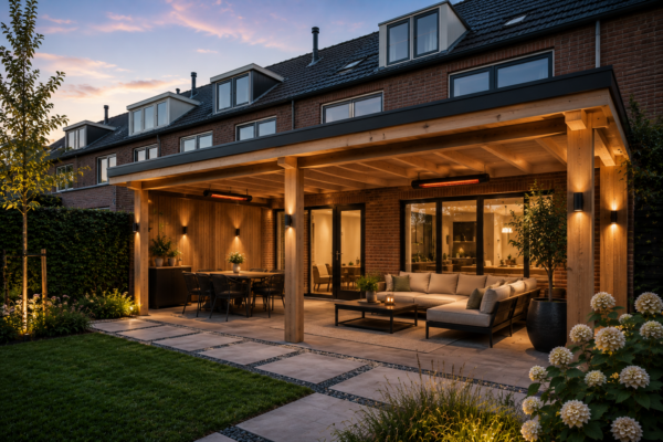 Nieuwe houten veranda aan een rijtjeshuis in de avond met luxe loungeset, terrasheaters en verlichting