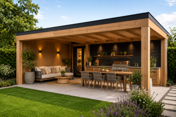 Luxe houten overkapping met een grote ingebouwde buitenkeuken, eethoek en sfeervolle wandverlichting