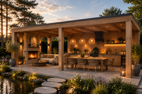 Luxe overkapping in landelijke stijl met stenen open haard, buitenkeuken en terras aan een vijver