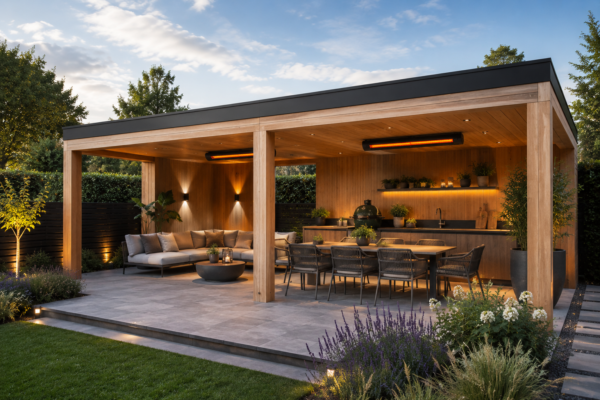 Luxe houten overkapping met ingebouwde terrasheaters, een moderne buitenkeuken en grote eettafel