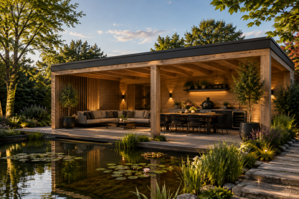Luxe houten overkapping met sfeervolle verlichting, buitenkeuken en zen loungehoek direct aan een grote vijver