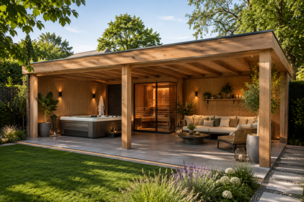 Luxe houten overkapping met wellness, jacuzzi, ingebouwde sauna en een sfeervolle zen loungehoek