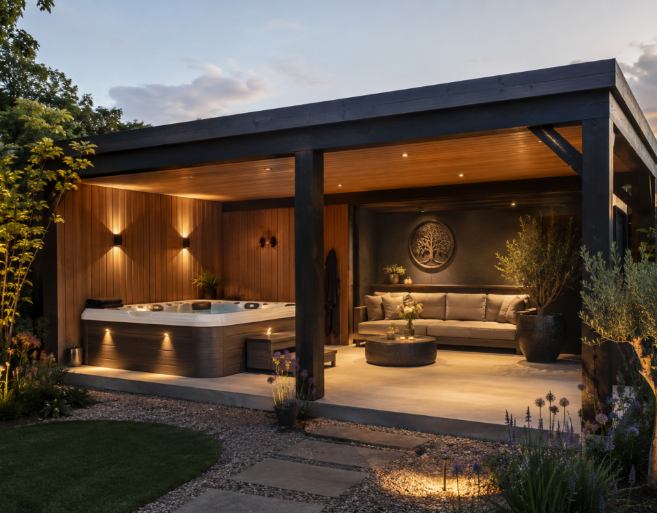 Luxe moderne overkapping met whirlpool, houten wandbekleding, up-and-down verlichting en een zen loungehoek