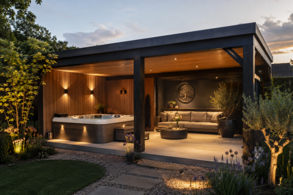 Luxe moderne overkapping met whirlpool, houten wandbekleding, up-and-down verlichting en een zen loungehoek