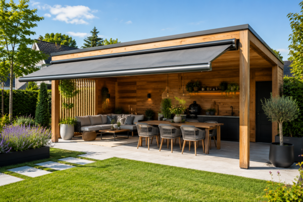 Luxe houten overkapping met geïntegreerde uitval zonwering, een buitenkeuken en eethoek in de zon