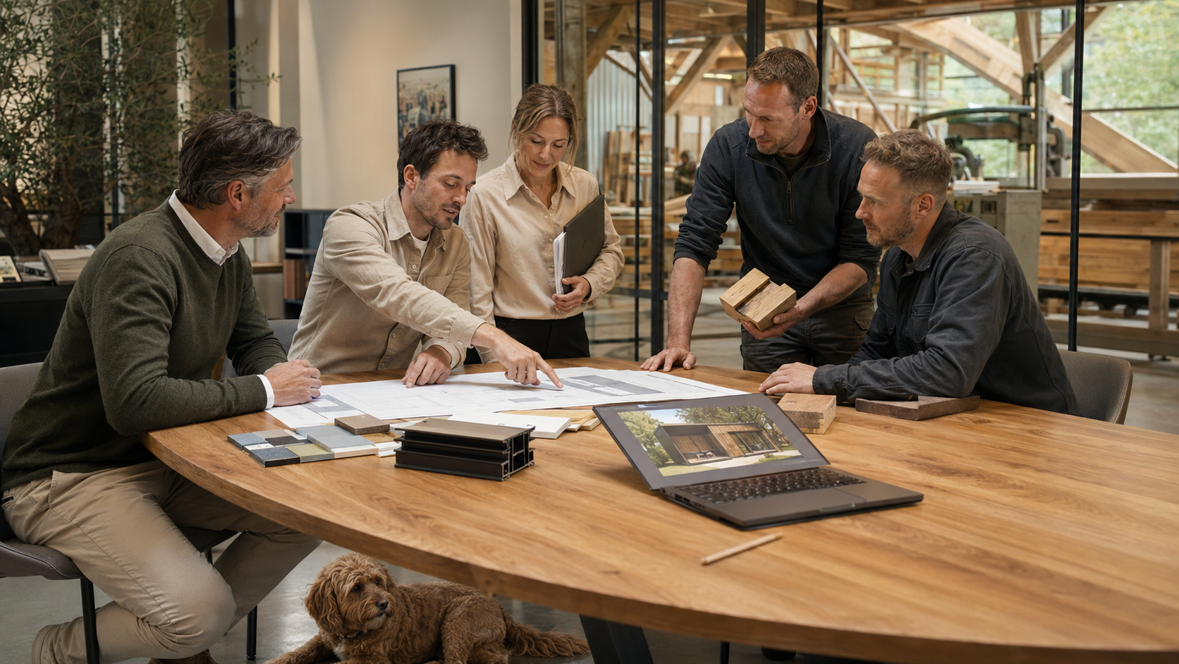 Overleg over een exclusief buitenverblijf ontwerp aan een houten vergadertafel met een hond erbij.