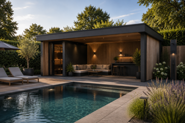 Modern luxe houten poolhouse met overdekt terras en zwembad in Blaricum