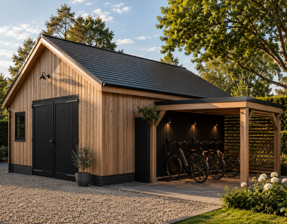Moderne houten schuur met een aangebouwde e-bike stalling en zwarte dubbele deuren