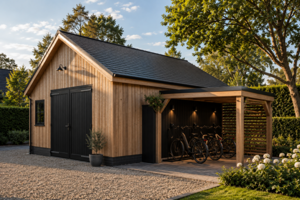 Moderne houten schuur met een aangebouwde e-bike stalling en zwarte dubbele deuren