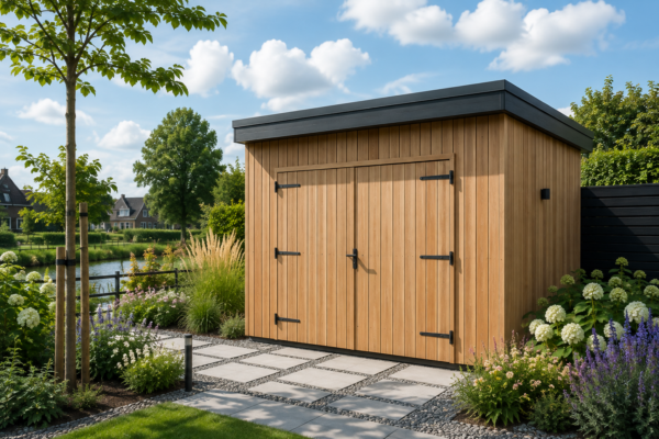 Houten schuur op maat in landelijke tuin aan het water