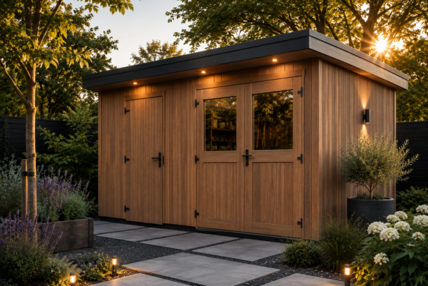 Houten schuur op maat met dubbele deuren en ramen in moderne tuin
