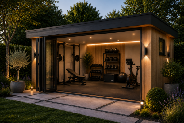 Tuingym in de tuin met fitnessapparatuur en glazen schuifwanden