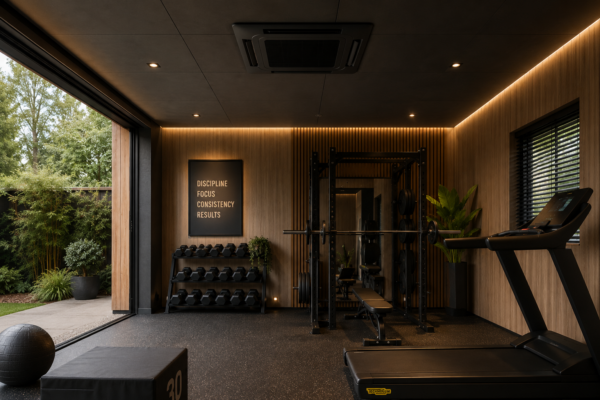 Tuingym met airconditioning, fitnessapparatuur en houten wandafwerking
