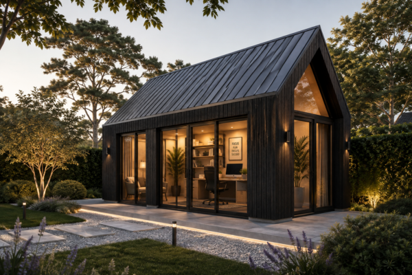Modern zwart houten tuinkantoor met metalen felsplatendak, glazen puien en sfeerverlichting in de avond
