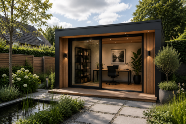 Sfeervol tuinkantoor in de tuin met glazen pui en vijver
