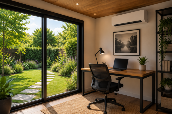 Interieur van een luxe houten tuinkantoor met airconditioner, industrieel bureau en glazen schuifpui