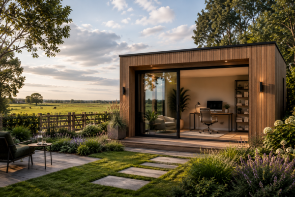 Luxe houten tuinkantoor met glazen schuifwand, modern bureau en weids uitzicht over het weiland