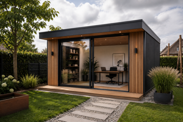 Modern tuinkantoor met glazen schuifwand en werkplek in de tuin