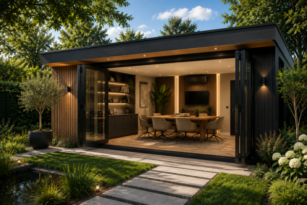 Modern houten tuinkantoor met vergaderruimte en glazen schuifwanden