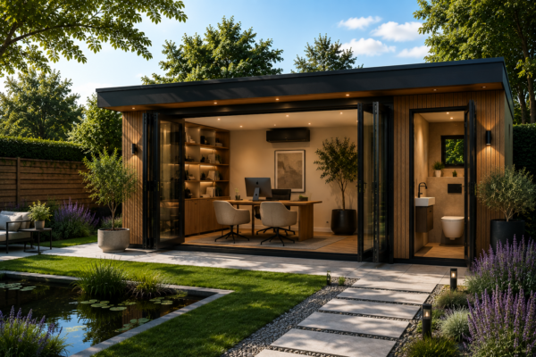 Luxe houten tuinkantoor met toilet en werkruimte in de tuin