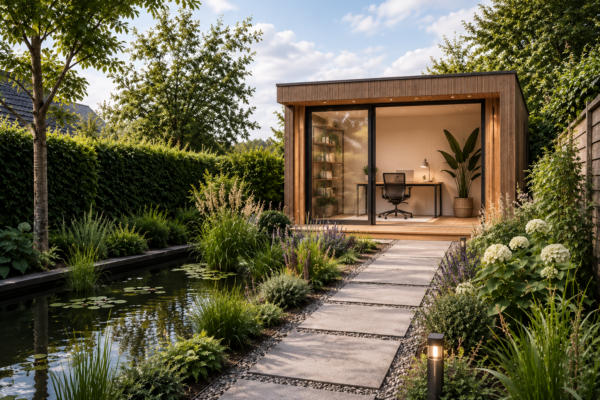 Modern houten tuinkantoor met glazen pui, vlonderterras en stapstenen langs een grote vijver