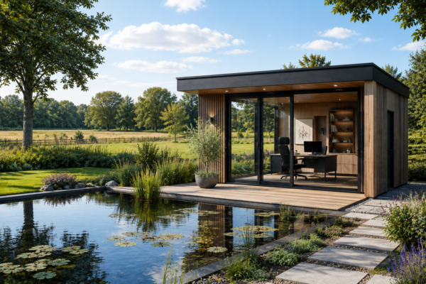 Modern houten tuinkantoor met weids uitzicht over weiland en strakke vijver