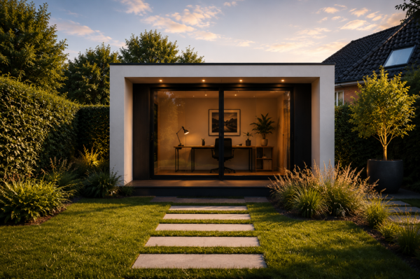 Modern wit tuinkantoor met glazen pui in een groene tuin