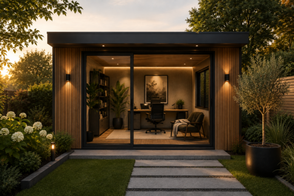 Luxe tuinkantoor in de tuin met glazen pui en sfeervolle verlichting
