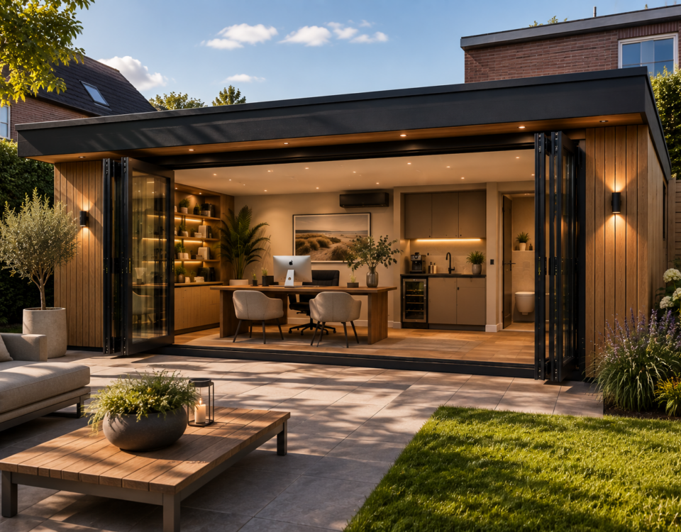 Luxe houten tuinkantoor met pantry en werkruimte in de tuin