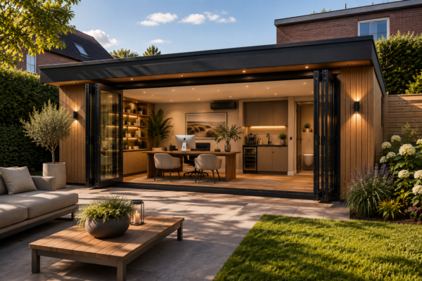 Luxe houten tuinkantoor met pantry en werkruimte in de tuin