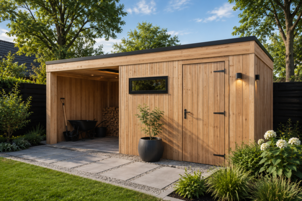 Luxe houten tuinschuur met overdekte houtopslag, een dichte berging en strakke zwarte details