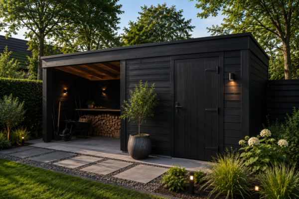 Luxe zwarte houten tuinschuur met een dichte berging, sfeervolle buitenverlichting en overdekte houtopslag