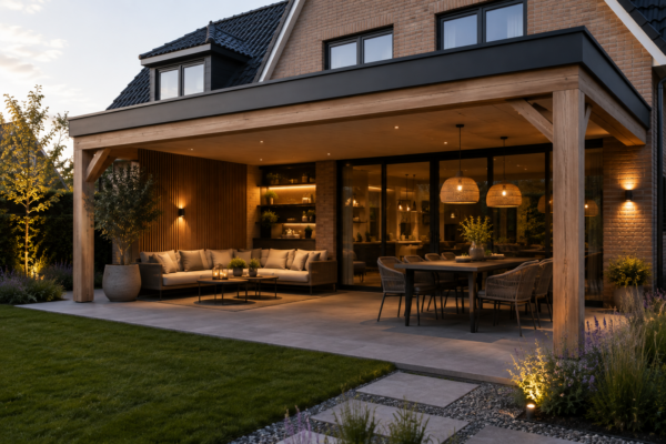 Moderne houten veranda aan huis met luxe loungehoek en grote eettafel bij avond