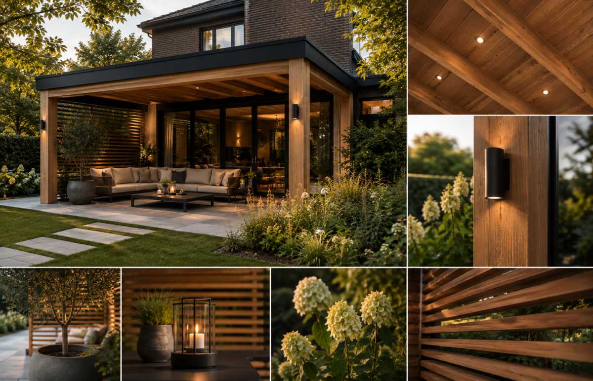 Collage van veranda details met houten lamellenwand, up-and-down sfeerverlichting en luxe loungeset