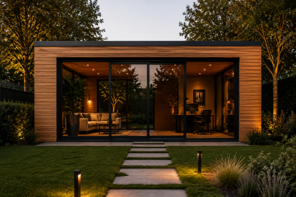 Moderne houten veranda met glazen schuifwanden in een groene tuin