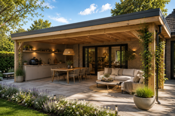 Luxe eikenhouten veranda met grote buitenkeuken, kamado barbecue, eettafel en een comfortabele hoekbank