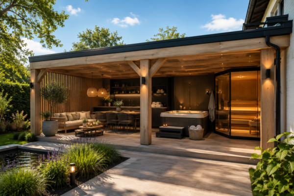 Luxe eikenhouten veranda met ingebouwde sauna, jacuzzi en een sfeervolle zen loungehoek aan een vijver