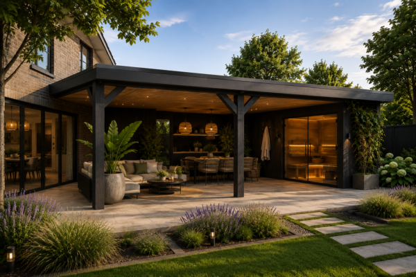 Luxe zwarte veranda schuin met ingebouwde houten sauna, zen loungehoek en sfeervolle wellness uitstraling