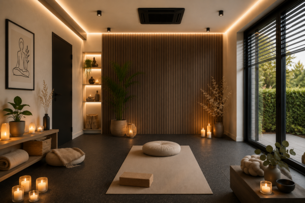 Interieur van een luxe thuisgym ingericht als zen yogastudio en wellnessruimte met sfeerverlichting