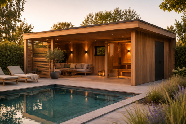 Luxe houten poolhouse met sauna en zwembad