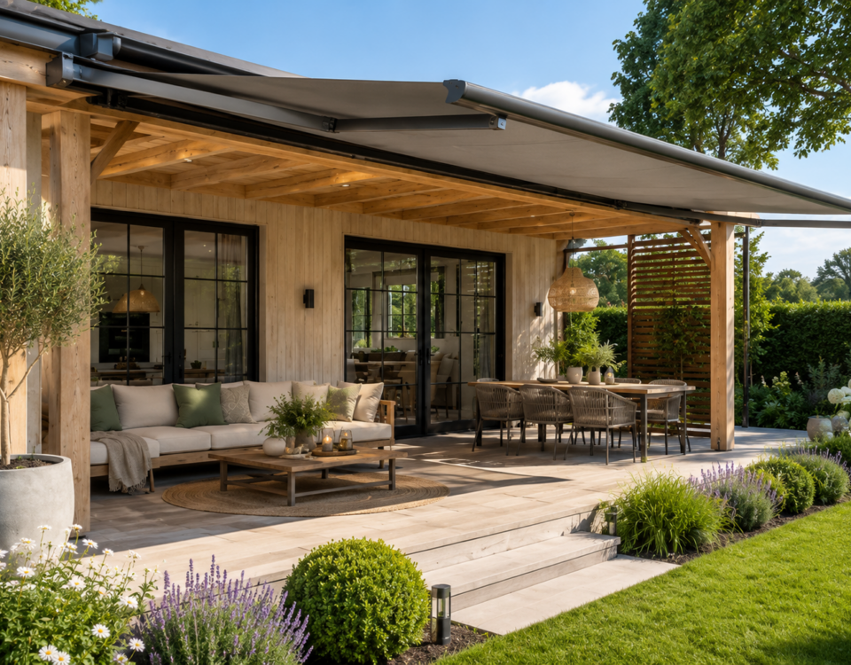 Zonnige eikenhouten veranda met een uittrekbaar zonnescherm, luxe loungeset en houten vlonderterras