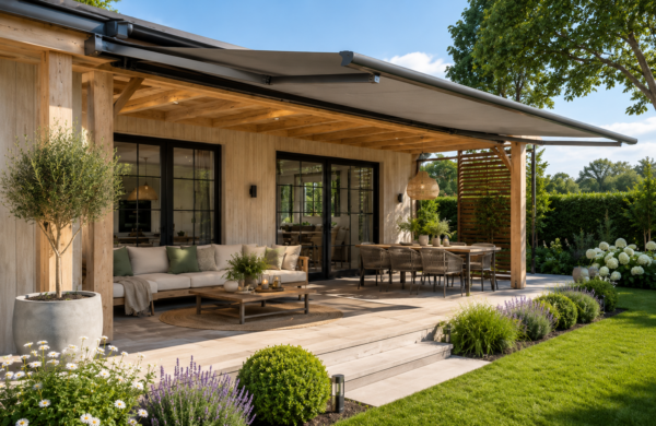Zonnige eikenhouten veranda met een uittrekbaar zonnescherm, luxe loungeset en houten vlonderterras