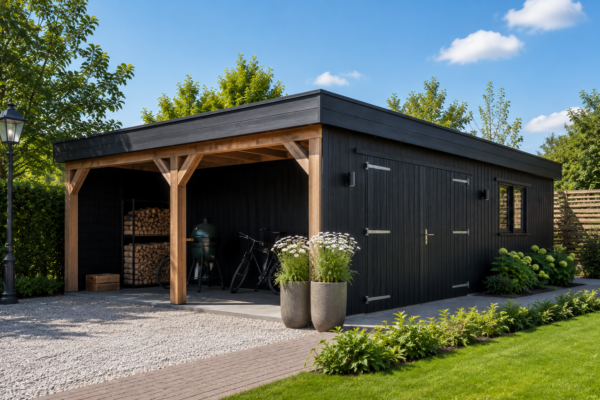 Zwarte tuinschuur met beplanting en overkapping voor houtopslag en fietsen